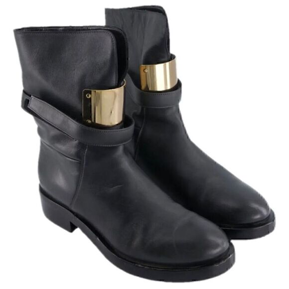 DOROTHEE SCHUMACHER Boots Black Leather Gold Biker Size EU 41 US 9.5 - Picture 1 of 12